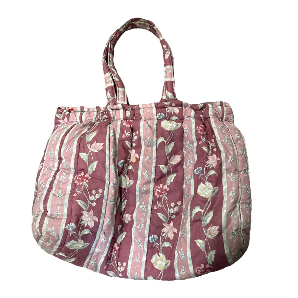 VTG Dusty Pink Floral Cotton Quilted Tote Bag Purse Cottage Core Granny Knitting